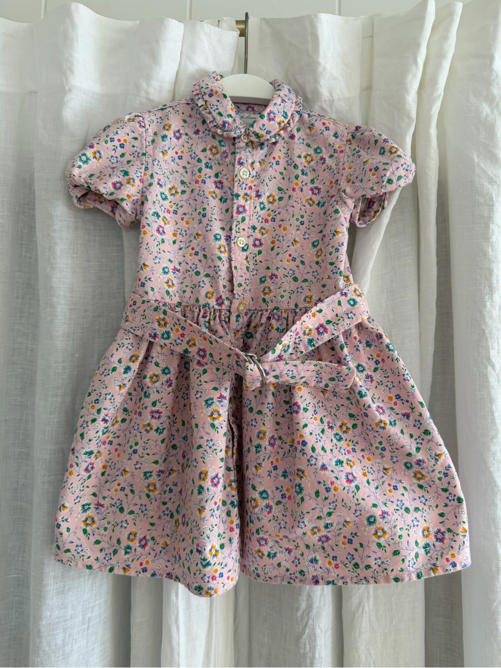 Polo Ralph Lauren Girls' Pink Floral  Button-Front Dress with Tie Waist